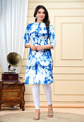 Garima Fashion Women Printed, Washed Straight Kurta(White, Blue)