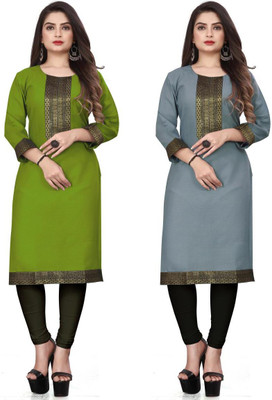 HF HOLYDAY FASHION Women Woven Design Straight Kurta(Light Green, Grey)