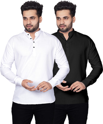 Kavyangle Creation Men Solid Straight Kurta(White, Black)