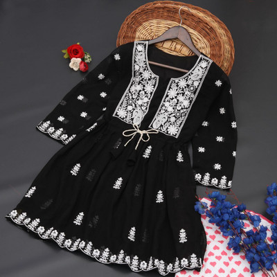 OMK Women Embroidered A-line Kurta(Black)