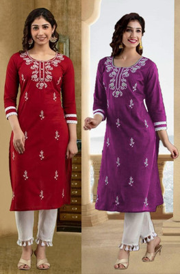 vikshi Women Chikan Embroidery Straight Kurta(Multicolor)