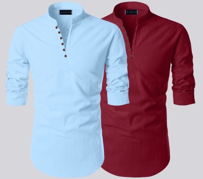 FINIVO FASHION Men Solid Straight Kurta(Light Blue, Maroon)