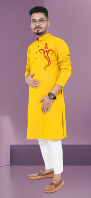 Biswas Fab Men Printed Straight Kurta(Yellow)