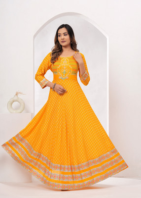 VENUSY Women Printed Anarkali Kurta(Yellow)