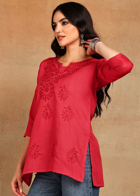 TOP N THREAD Women Chikan Embroidery, Embroidered A-line Kurta(Red)