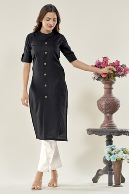 Glomee Women Solid Straight Kurta(Black)