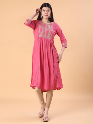 V-MART Women Printed A-line Kurta(Pink)