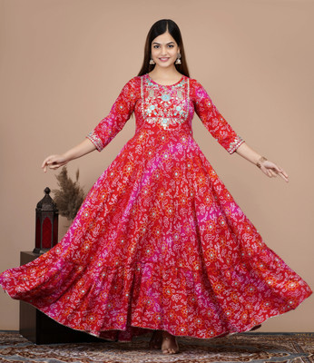 Karvika Women Bandhani Anarkali Kurta(Red)