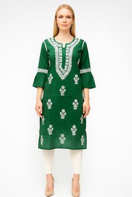Shadab Chikan Women Chikan Embroidery A-line Kurta(Dark Green)