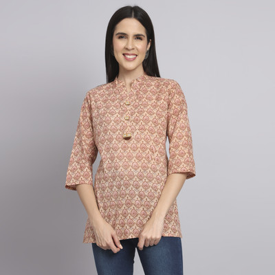 REAM Women Floral Print Straight Kurta(Beige)