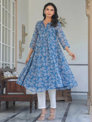 Janasya Women Floral Print Flared Kurta(Blue)