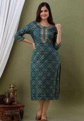 MANAV FASHIONS Women Printed Straight Kurta(Green)