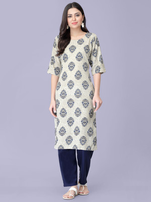 1 Stop Fashion Women Printed Straight Kurta(Dark Blue, Beige)