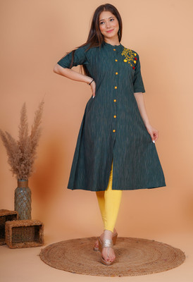 HEARTLOOM Women Embroidered A-line Kurta(Dark Green)
