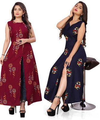 Modli 20 Fashion Women Printed Frontslit Kurta(Blue)