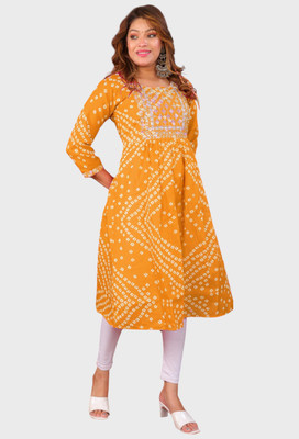 Parth f Women Bandhani A-line Kurta(Yellow)