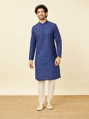 MANYAVAR Men Printed Straight Kurta(Beige, Dark Blue)