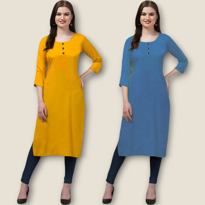 Coft Women Solid Straight Kurta(Yellow, Light Blue)