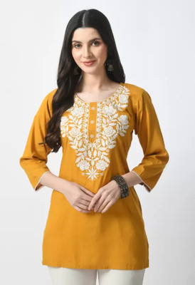 FamBee Women Embroidered Straight Kurta(Yellow)