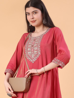 V-MART Women Embroidered A-line Kurta(Pink)