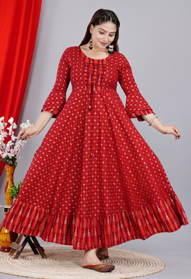 SAAR SUMRAN Women Printed Anarkali Kurta(Maroon)
