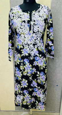 Elegance Hub Women Chikan Embroidery A-line Kurta(Black)