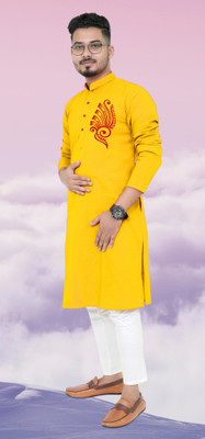 M Biswas Men Printed Straight Kurta(Yellow)