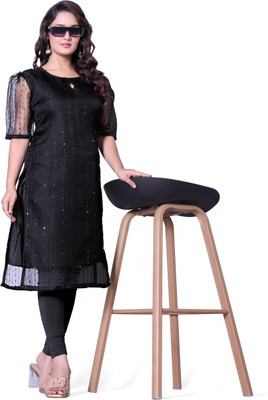 VHCK ENTERPRISE Women Embroidered A-line Kurta(Black, White)