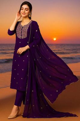 YOMLEX Women Embroidered A-line Kurta(Purple)