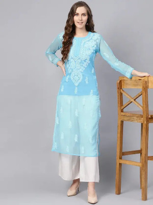 couterege Women Chikan Embroidery A-line Kurta(Blue)
