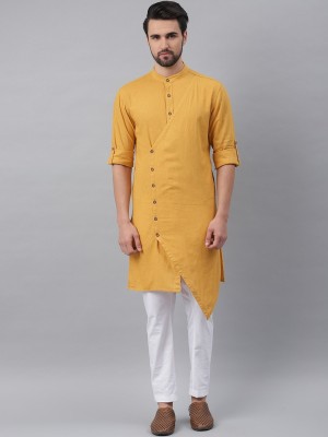 Freehand Men Solid Trail Cut Kurta(Yellow)