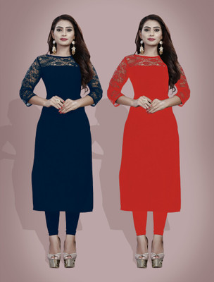 Maheshvi Women Self Design, Solid Straight Kurta(Dark Blue)