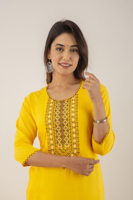 Srishti Creations Women Embroidered Straight Kurta(Yellow)