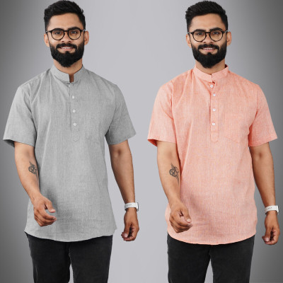 QuaClo Men Solid Straight Kurta(Grey, Orange)