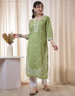 Uparna Women Chikan Embroidery Straight Kurta(Green)