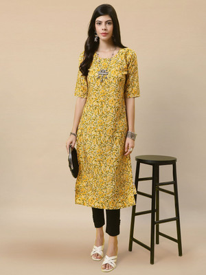 HERE&NOW Women Printed Straight Kurta(Yellow)