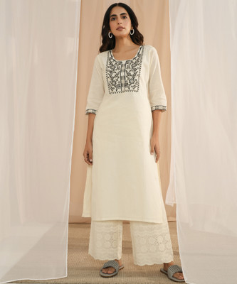 LIBAS Women Embroidered Straight Kurta(White, Black)