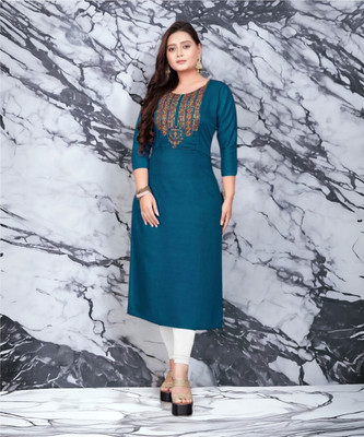 Lamboo Creation Women Embroidered Straight Kurta(Blue)