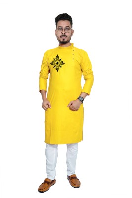 Rainbow Cloths Men Printed Straight Kurta(Yellow)