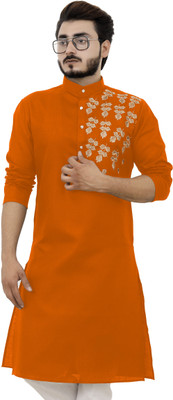 Tibra Collection Men Embroidered Straight Kurta(Orange)