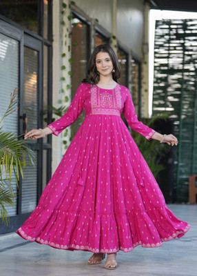 krishna enterpries Women Embroidered Anarkali Kurta(Pink)