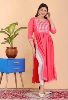 Yuvi fashion Women Embroidered A-line Kurta(Pink, White)