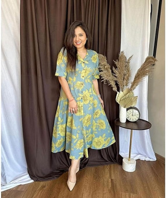 River of cloth Women Floral Print A-line Kurta(Light Blue)