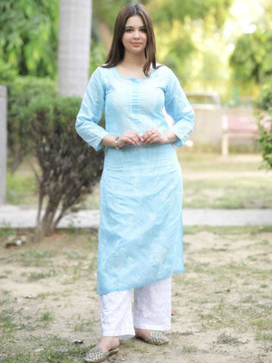 Chikirpolo Women Chikan Embroidery Straight Kurta(Blue)