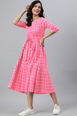 UGMAZ Women Printed Flared Kurta(Pink)