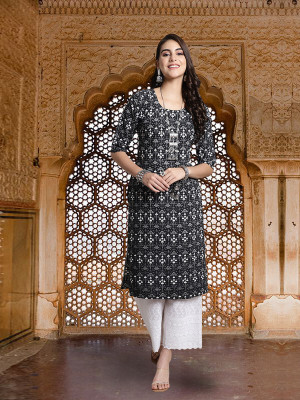 EthnicBasket Women Printed Straight Kurta(Black, White)