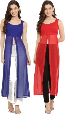 VESICLE Women Solid Frontslit Kurta(Blue, Red)