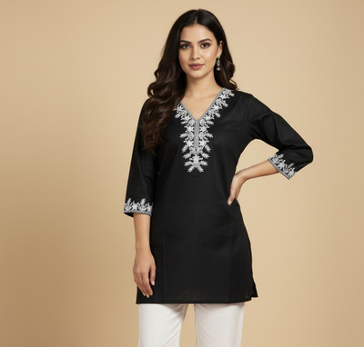 naj fashion Women Embroidered A-line Kurta(Black)