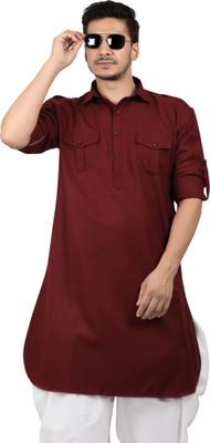 K Royals Men Solid Pathani Kurta(Maroon)