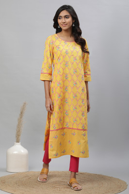 Aurelia Women Floral Print Straight Kurta(Yellow)